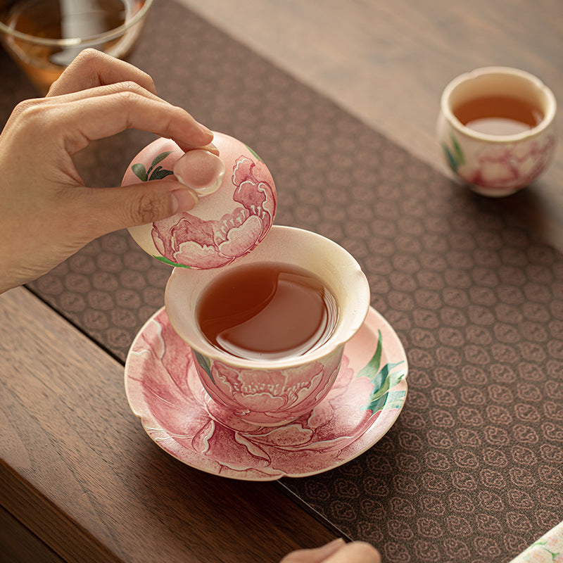 Authentic Jingdezhen Hand-Painted Peony Flower-Rim Sancai Gaiwan Tea Bowl - 160ml