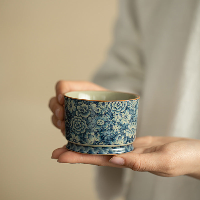 Authentic Old Pottery Clay Blue & White Myriad Flowers Crackle Glaze Master Teacup - 110ml Gongfu Teacup