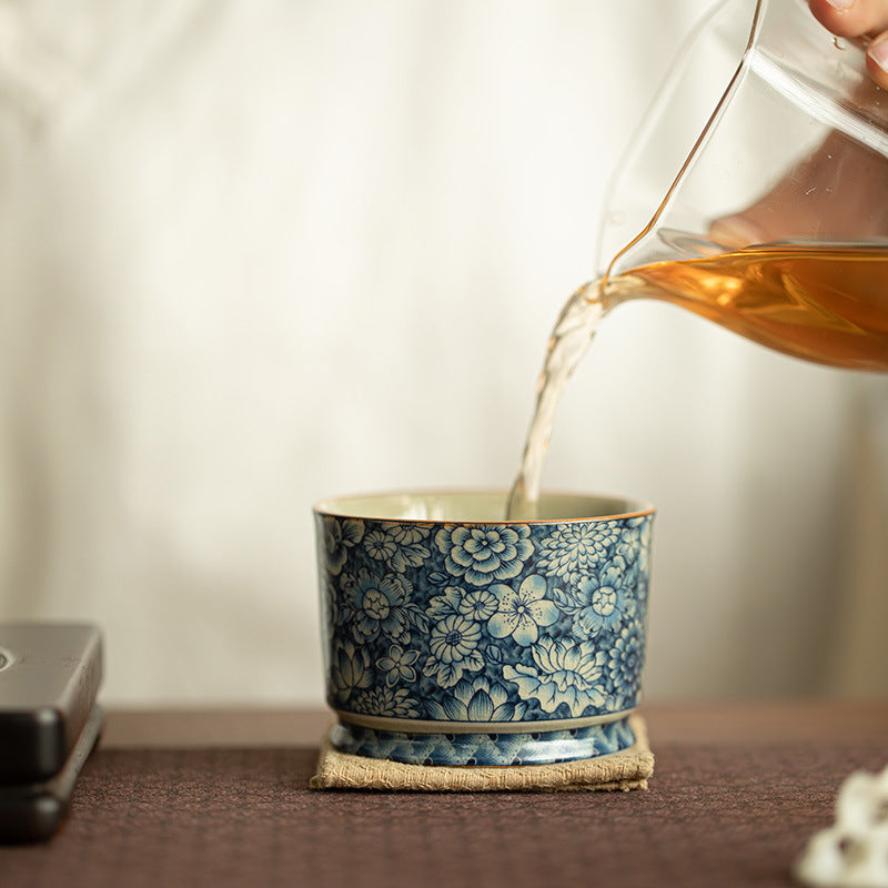 Authentic Old Pottery Clay Blue & White Myriad Flowers Crackle Glaze Master Teacup - 110ml Gongfu Teacup