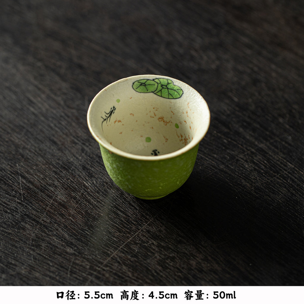 Authentic Bamboo Green Gold-Fleck Lotus Fish Solo Ceramic Tea Set with Tray - 1 Pot + 1 Cup Suite
