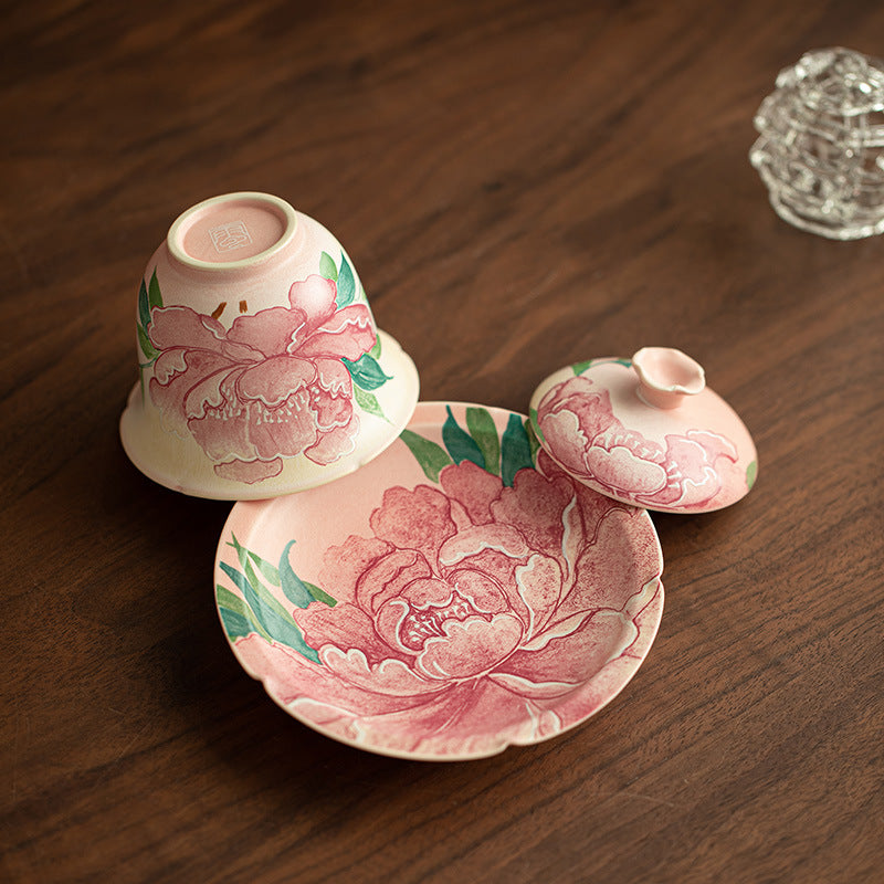 Authentic Jingdezhen Hand-Painted Peony Flower-Rim Sancai Gaiwan Tea Bowl - 160ml