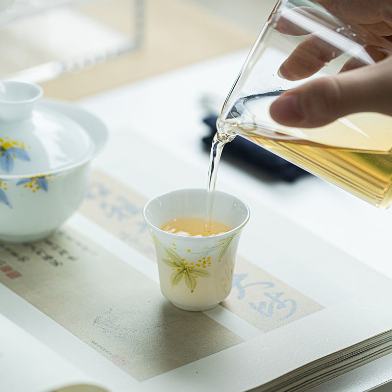 Luxury Ice Mutton-Fat Jade Hand-Painted Osmanthus Aroma Master Teacup - 80ml Gongfu Cup