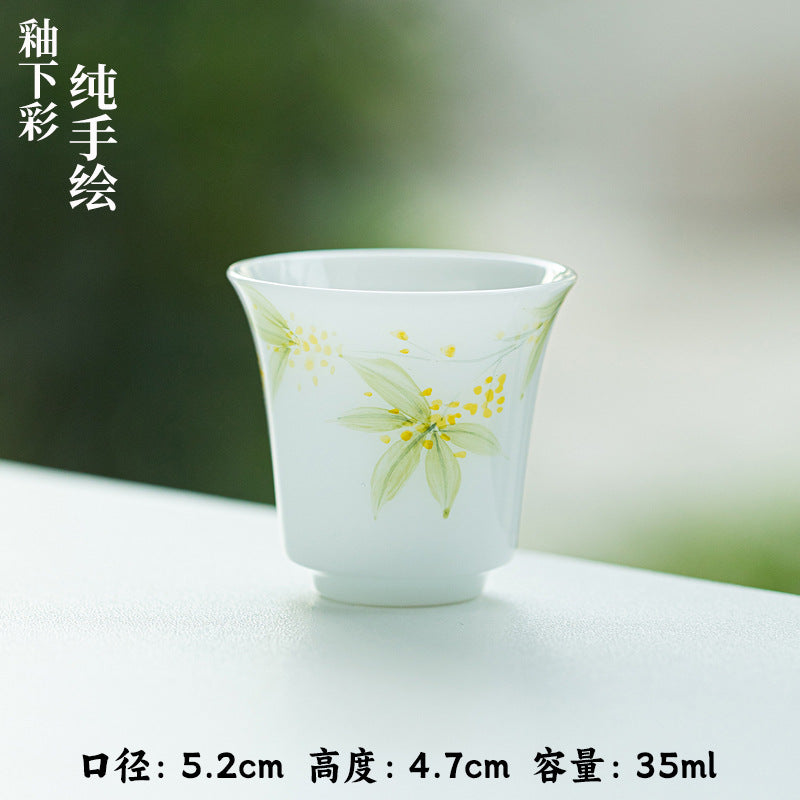 Luxury Ice Mutton-Fat Jade Hand-Painted Osmanthus Aroma Master Teacup - 80ml Gongfu Cup