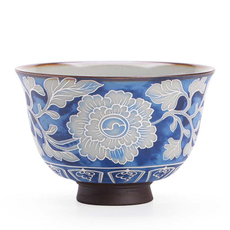 Authentic Jingdezhen Yuan Blue & White Peony Ru Ware Crackle Yashou Master Teacup - 90ml Gongfu Teacup