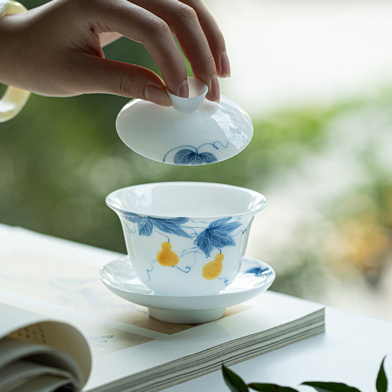 Luxury Ice Mutton-Fat Jade Hover-Suspension Gourd San Cai Gaiwan - 160ml Anti-Scald Tea Bowl