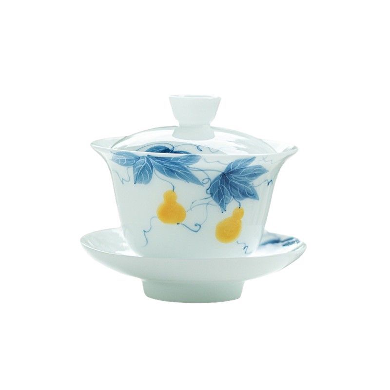 Luxury Ice Mutton-Fat Jade Hover-Suspension Gourd San Cai Gaiwan - 160ml Anti-Scald Tea Bowl
