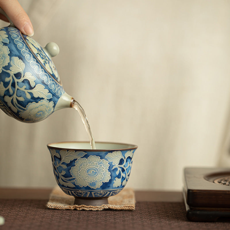 Authentic Jingdezhen Yuan Blue & White Peony Ru Ware Crackle Yashou Master Teacup - 90ml Gongfu Teacup