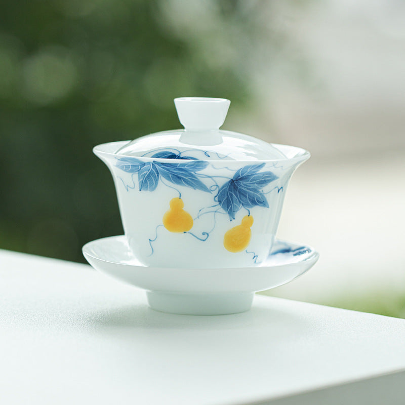 Luxury Ice Mutton-Fat Jade Hover-Suspension Gourd San Cai Gaiwan - 160ml Anti-Scald Tea Bowl
