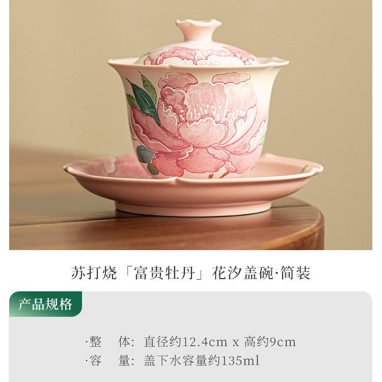 Authentic Jingdezhen Hand-Painted Peony Flower-Rim Sancai Gaiwan Tea Bowl - 160ml