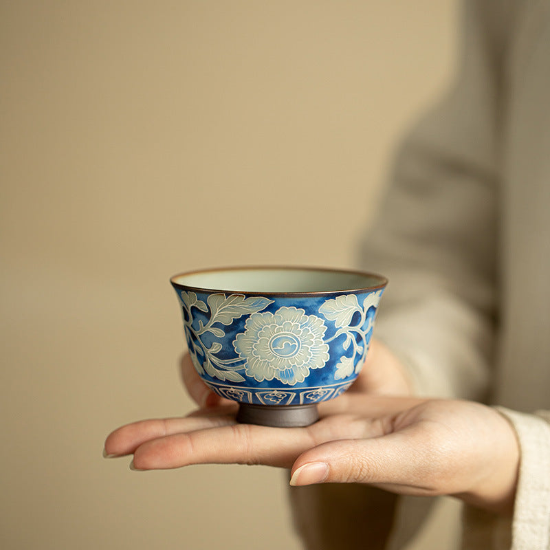Authentic Jingdezhen Yuan Blue & White Peony Ru Ware Crackle Yashou Master Teacup - 90ml Gongfu Teacup