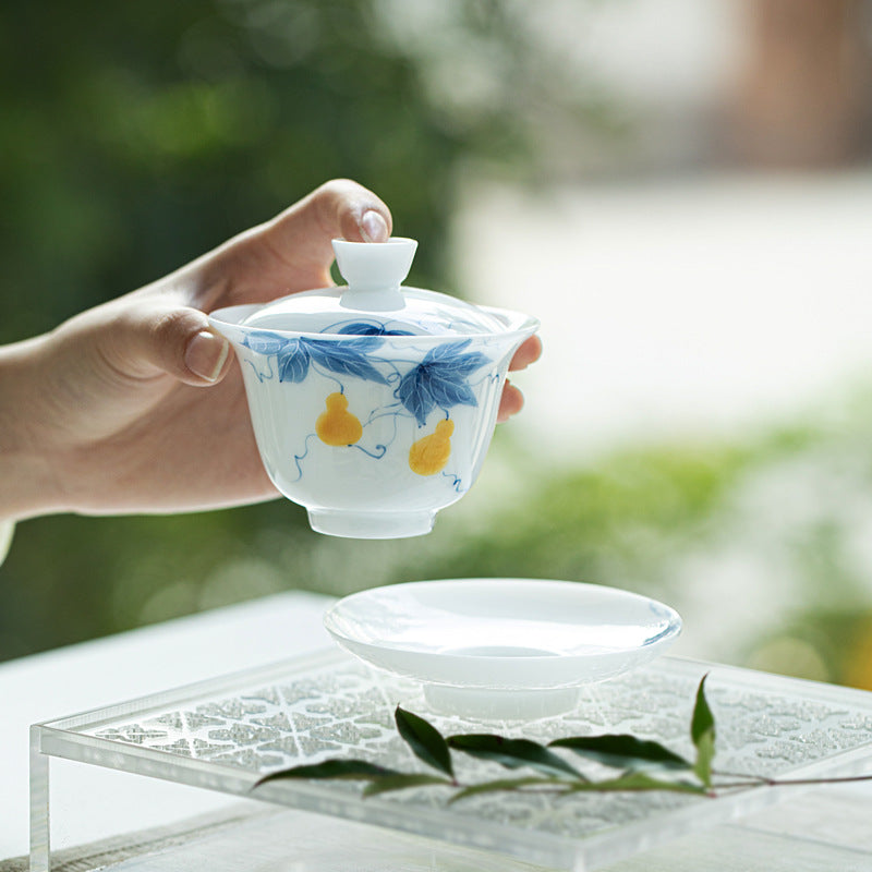 Luxury Ice Mutton-Fat Jade Hover-Suspension Gourd San Cai Gaiwan - 160ml Anti-Scald Tea Bowl