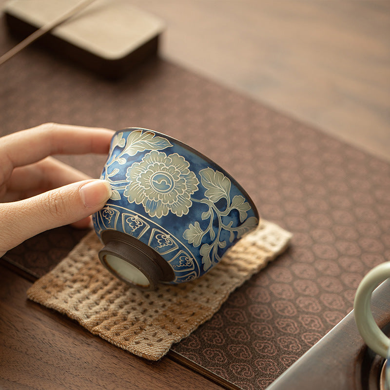 Authentic Jingdezhen Yuan Blue & White Peony Ru Ware Crackle Yashou Master Teacup - 90ml Gongfu Teacup