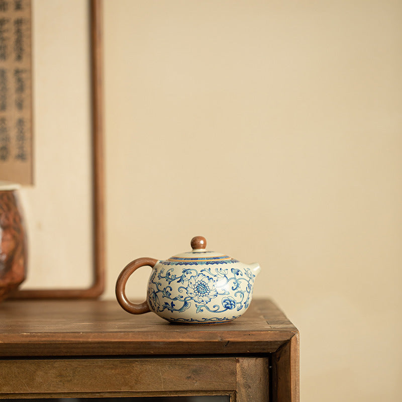 Authentic Jingdezhen Ru Ware Celadon Crackle & Blue-and-White Lotus Xishi Teapot - 200ml Gongfu Teapot