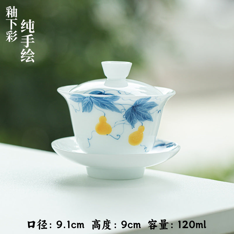 Luxury Ice Mutton-Fat Jade Hover-Suspension Gourd San Cai Gaiwan - 160ml Anti-Scald Tea Bowl