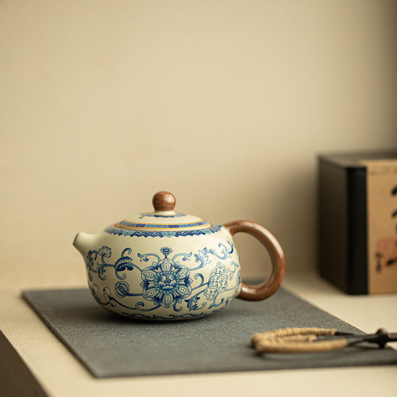 Authentic Jingdezhen Ru Ware Celadon Crackle & Blue-and-White Lotus Xishi Teapot - 200ml Gongfu Teapot