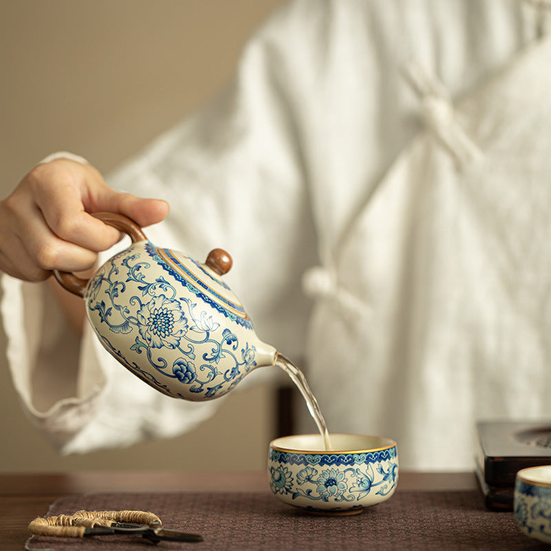 Authentic Jingdezhen Ru Ware Celadon Crackle & Blue-and-White Lotus Xishi Teapot - 200ml Gongfu Teapot