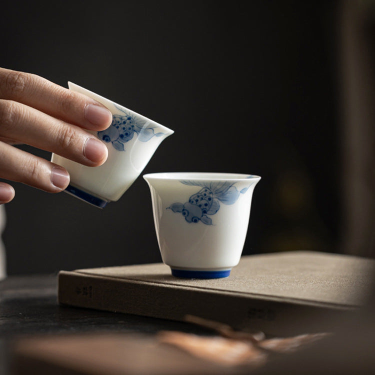 Authentic High-White Porcelain Underglaze Swimming Koi Master Teacup - 85ml Gongfu Cup