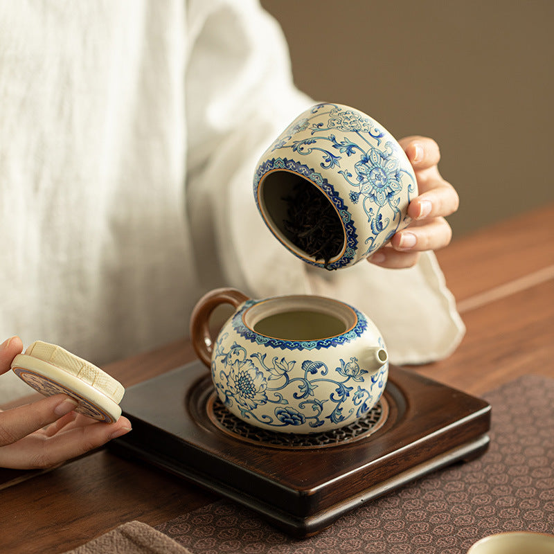 Authentic Jingdezhen Ru Ware Celadon Crackle & Blue-and-White Lotus Xishi Teapot - 200ml Gongfu Teapot