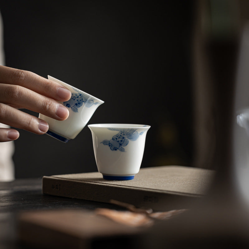 Authentic High-White Porcelain Underglaze Swimming Koi Master Teacup - 85ml Gongfu Cup