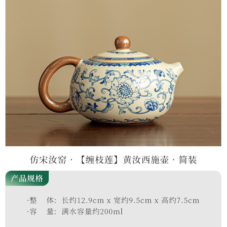Authentic Jingdezhen Ru Ware Celadon Crackle & Blue-and-White Lotus Xishi Teapot - 200ml Gongfu Teapot