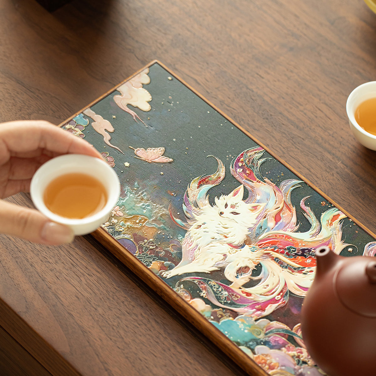 Authentic Handcrafted Heavy Bamboo Nine-Tailed Fox Dry-Brewing Tea Tray - 28cm Teaware Accessories
