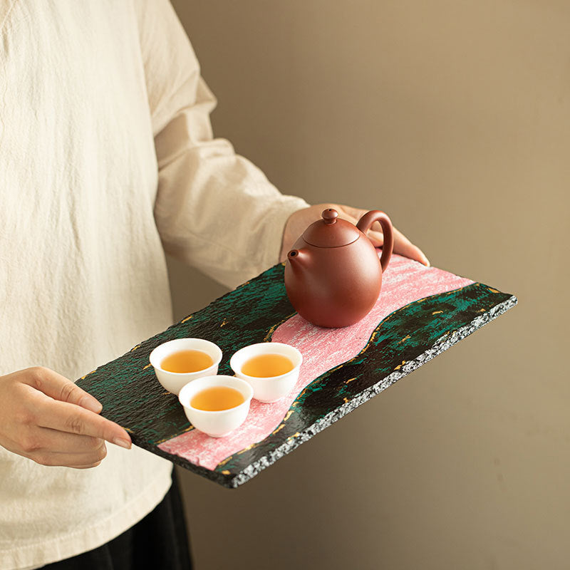Neo-Chinese Natural Lacquer Emerald Peaks Pink Stream Dry-Brewing Tea Tray - 22cm Teaware