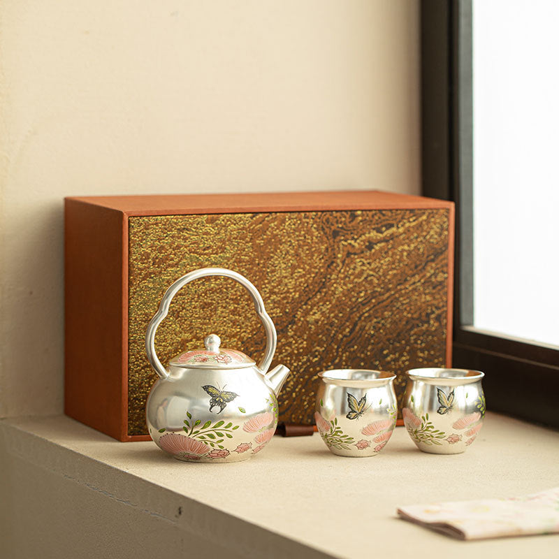 Authentic Silver-Gilt Overhead Beam-Handle Teapot & 2 Cups Set - Luxury Brocade Gift Box