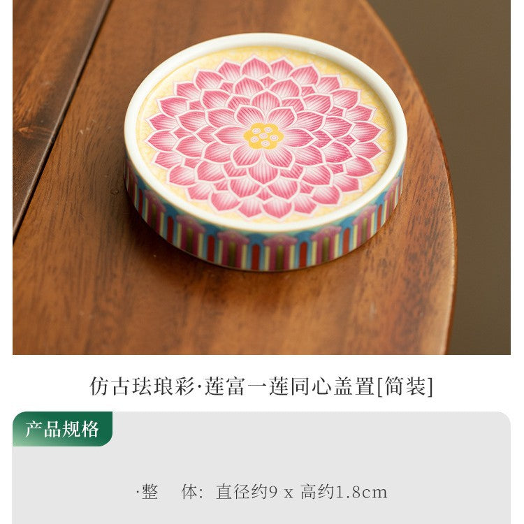 Authentic Jingdezhen Antique Enamel Court Floral Lid Rest & Coaster Tray - Teaware Accessories
