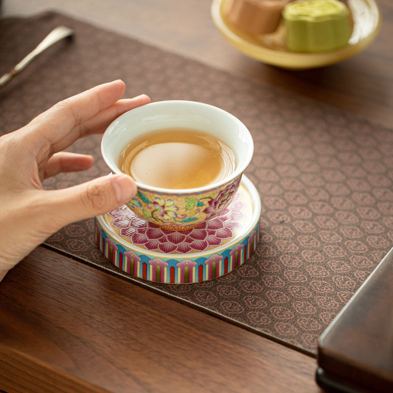 Authentic Jingdezhen Antique Enamel Court Floral Lid Rest & Coaster Tray - Teaware Accessories
