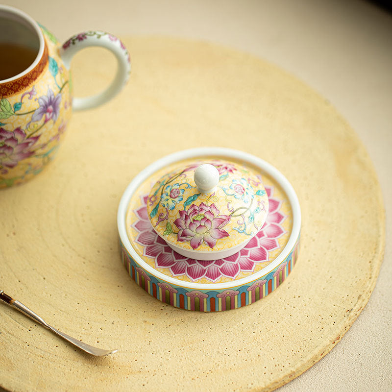 Authentic Jingdezhen Antique Enamel Court Floral Lid Rest & Coaster Tray - Teaware Accessories