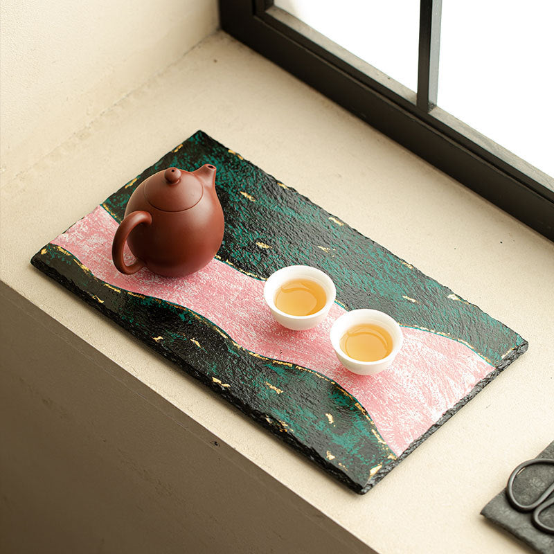 Neo-Chinese Natural Lacquer Emerald Peaks Pink Stream Dry-Brewing Tea Tray - 22cm Teaware