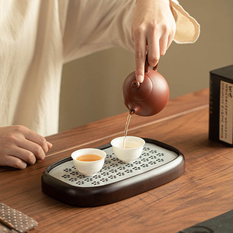 Authentic Chinese Walnut Wood & Removable Alloy Drainage Water-Storage Tea Tray - 32cm Teaware