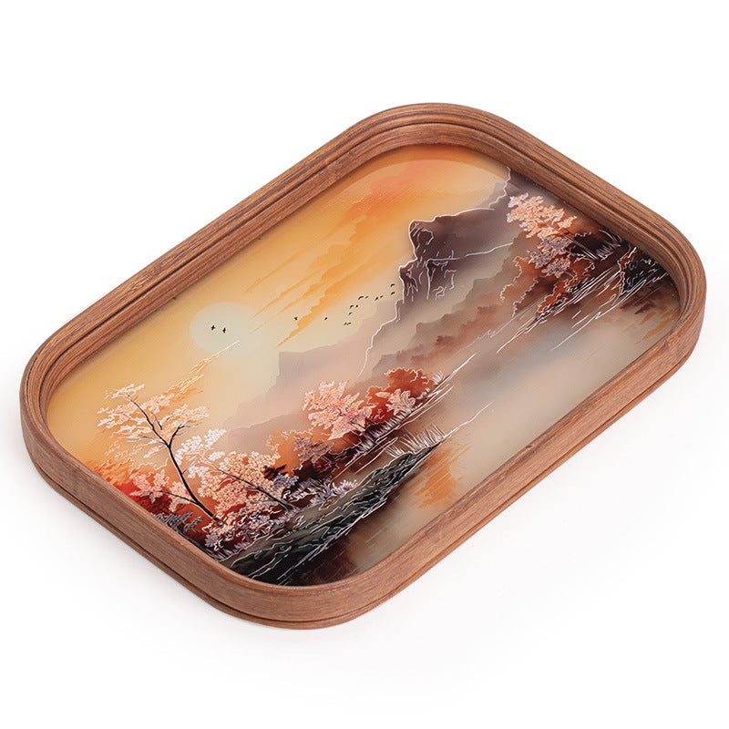 Neo-Chinese Begonia Red Glass & Bamboo Pot Bearer Dry-Brewing Tray - 20cm Teaware Accessories