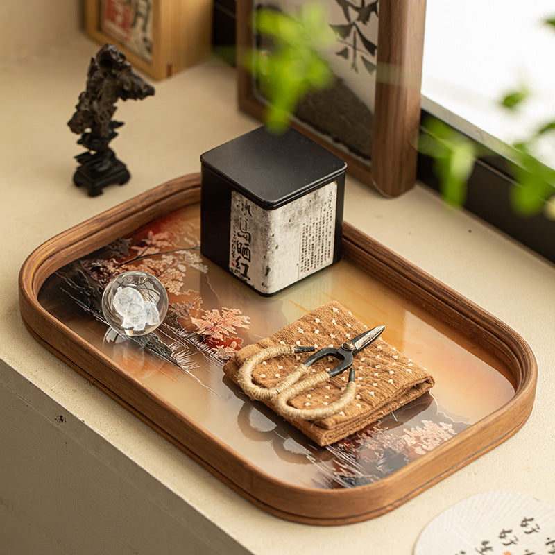 Neo-Chinese Begonia Red Glass & Bamboo Pot Bearer Dry-Brewing Tray - 20cm Teaware Accessories