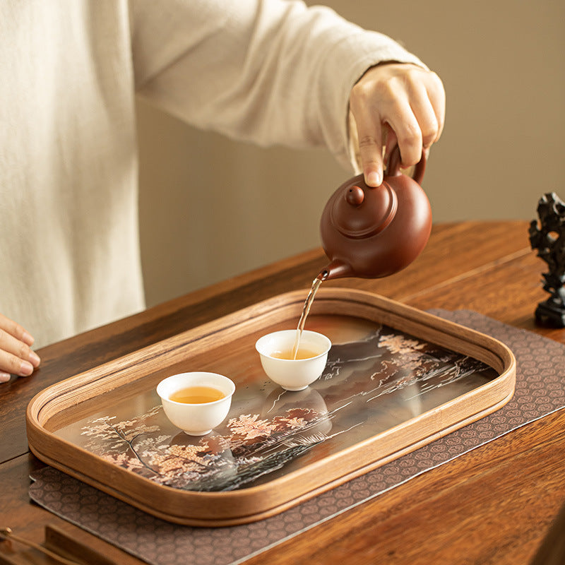 Neo-Chinese Begonia Red Glass & Bamboo Pot Bearer Dry-Brewing Tray - 20cm Teaware Accessories