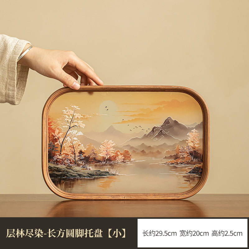 Neo-Chinese Begonia Red Glass & Bamboo Pot Bearer Dry-Brewing Tray - 20cm Teaware Accessories