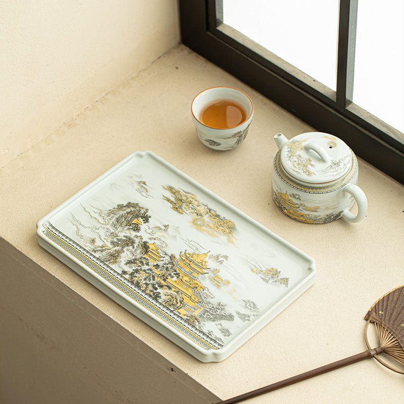 Authentic Song-Style Ru Ware Qiongtai Cloud-Pavilion Square Dry-Brewing Tea Tray - 20cm Teaware