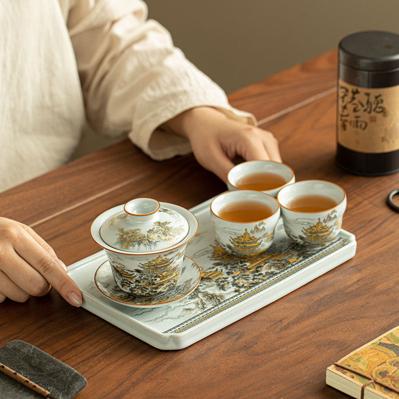 Authentic Song-Style Ru Ware Qiongtai Cloud-Pavilion Square Dry-Brewing Tea Tray - 20cm Teaware