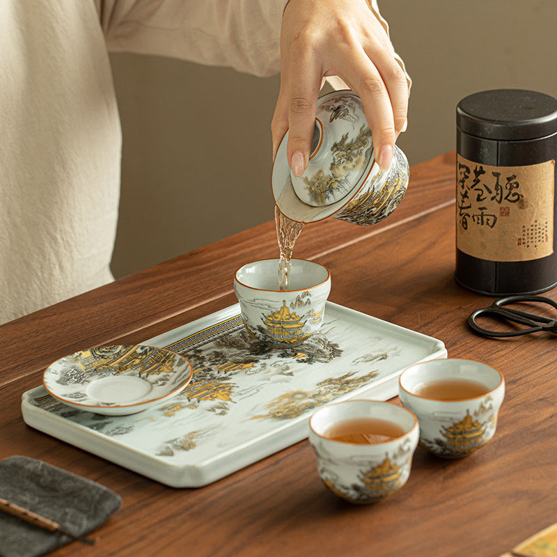Authentic Song-Style Ru Ware Qiongtai Cloud-Pavilion Square Dry-Brewing Tea Tray - 20cm Teaware