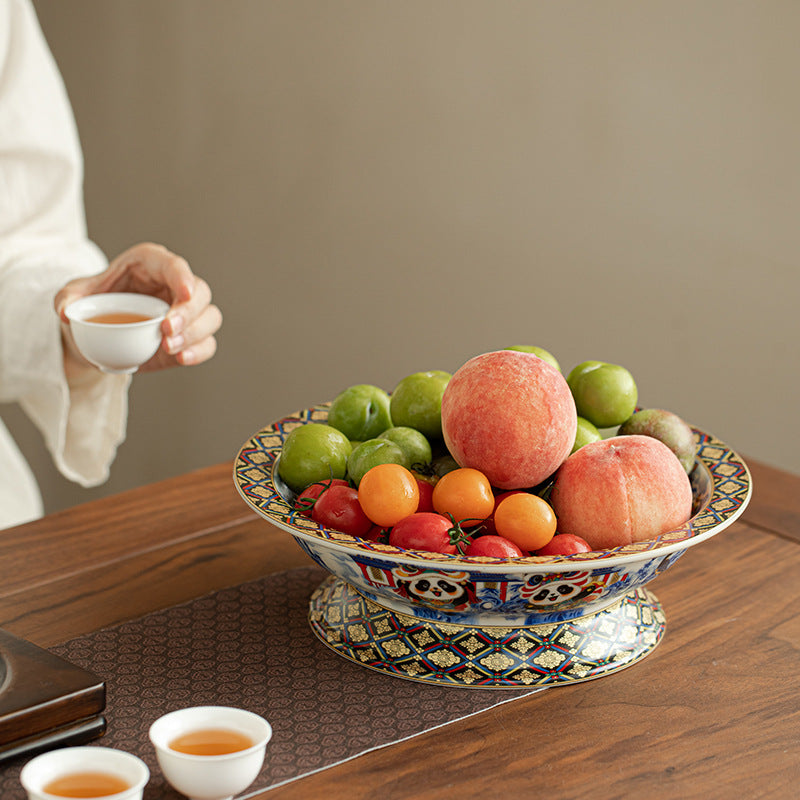 Authentic Handcrafted Enamel Cloud-Realm Panda Large Ceramic Tea & Pastry Platter - 24cm Teaware