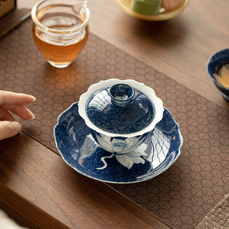Authentic Rock Mineral White Splashed-Blue Sgraffito Lotus Two-Talent Gaiwan - 160ml Tea Bowl