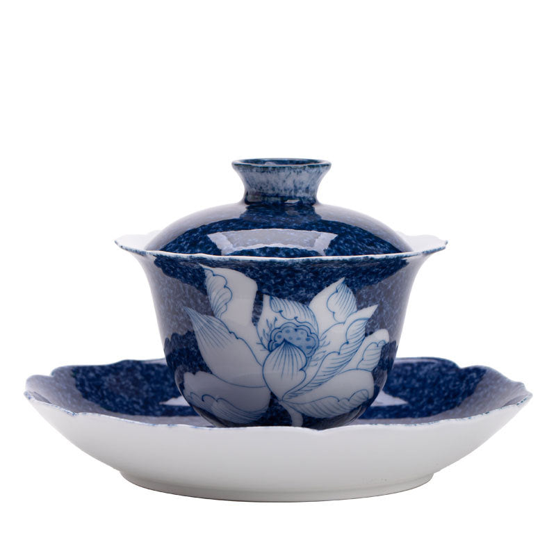 Authentic Rock Mineral White Splashed-Blue Sgraffito Lotus Two-Talent Gaiwan - 160ml Tea Bowl