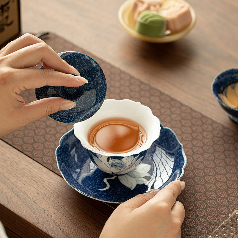 Authentic Rock Mineral White Splashed-Blue Sgraffito Lotus Two-Talent Gaiwan - 160ml Tea Bowl