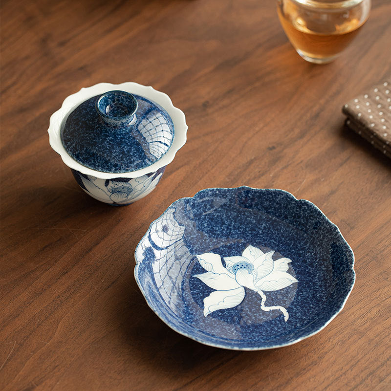 Authentic Rock Mineral White Splashed-Blue Sgraffito Lotus Two-Talent Gaiwan - 160ml Tea Bowl