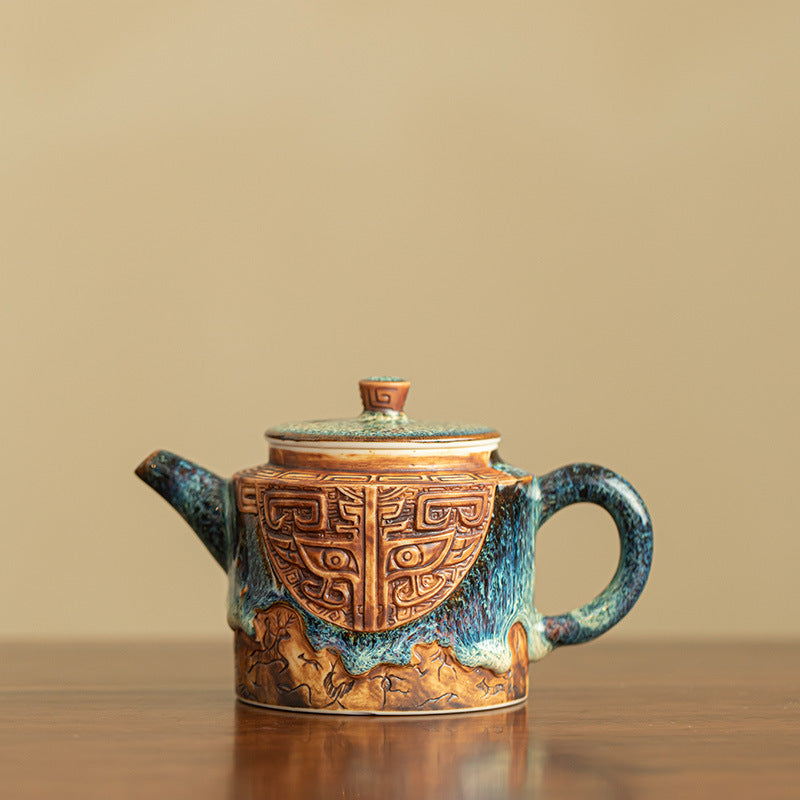 Authentic Jingdezhen Flambé Tenmoku Copper-Coin Ceramic Teapot - 180ml Gift Box Suite