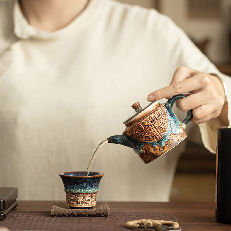 Authentic Jingdezhen Flambé Tenmoku Copper-Coin Ceramic Teapot - 180ml Gift Box Suite
