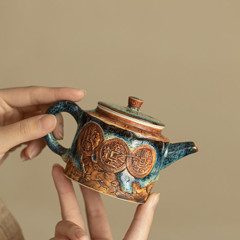 Authentic Jingdezhen Flambé Tenmoku Copper-Coin Ceramic Teapot - 180ml Gift Box Suite