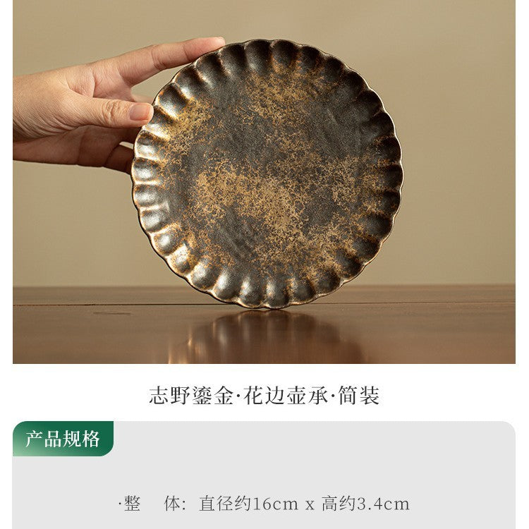 Authentic Ancient Shino-Ware Coarse Stoneware Gilded Fluted Pot Bearer - 18cm Teaware Accessories