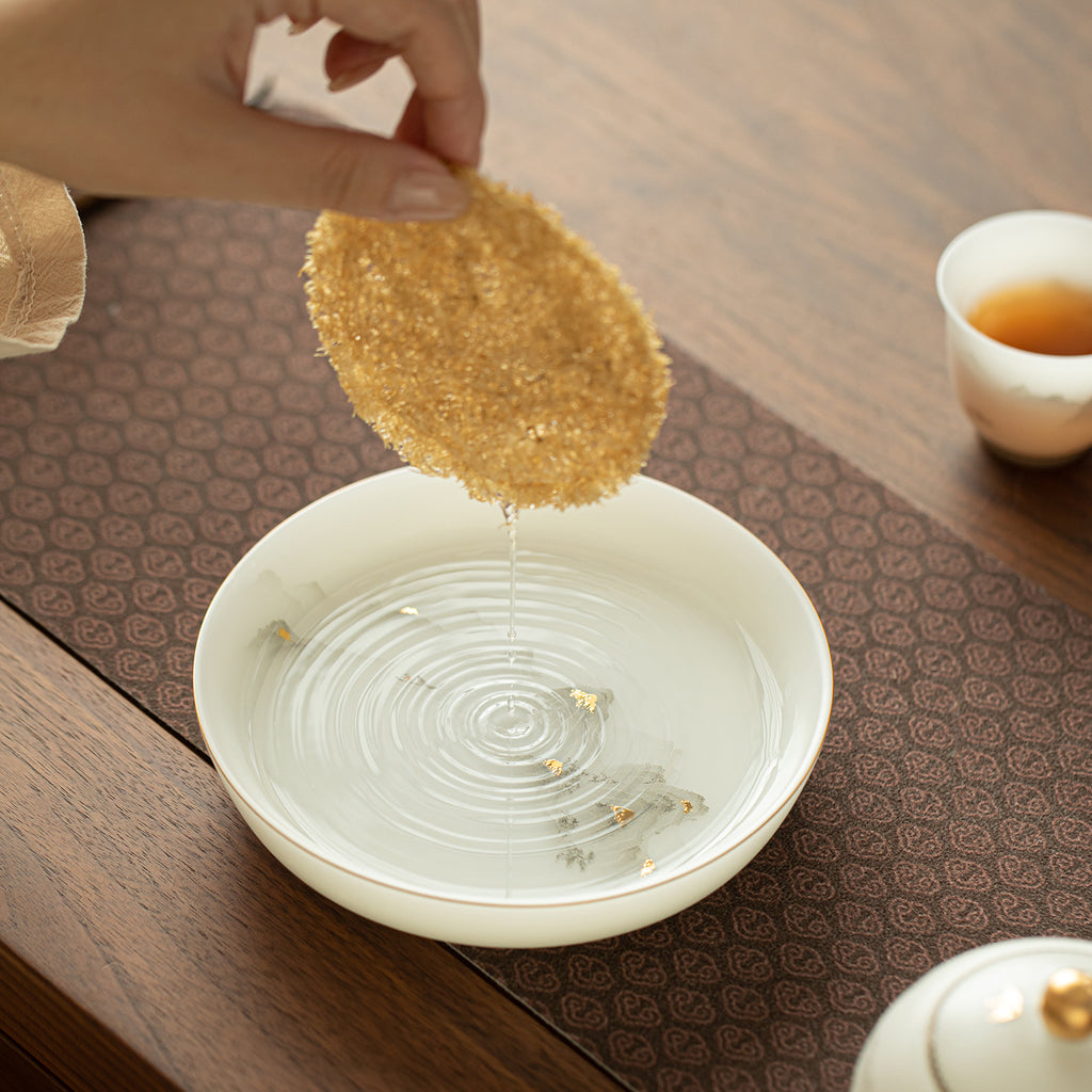 Luxury Dehua Mutton-Fat Jade Ice Biscuit 24K Gilded Mountain Pot Bearer Tray - 19cm Teaware