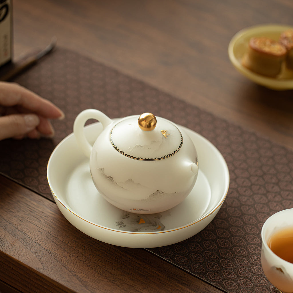 Luxury Dehua Mutton-Fat Jade Ice Biscuit 24K Gilded Mountain Pot Bearer Tray - 19cm Teaware